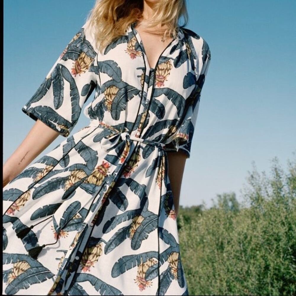 Desmond & Dempsey Linen-Blend Tropical Banana Leaf Midi Kaftan Dress S Resort